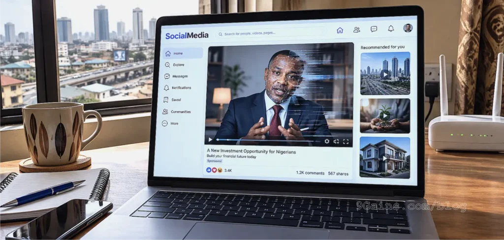 A laptop displays a digitally distorted man promoting an investment to Nigerians, illustrating a possible AI deepfake scam.