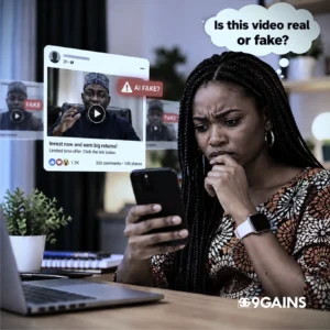 A woman checks a social media investment video flagged as a possible AI fake.